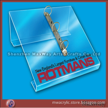 Clear perspex catalog/menu holder/shelf with 3-ring binder and logo